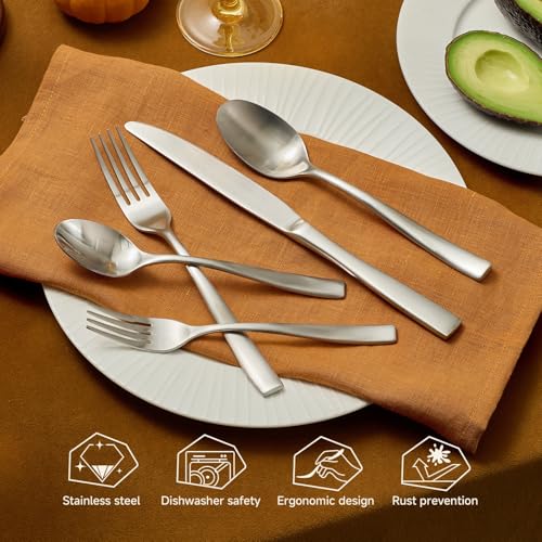 KINGSTONE 40-Piece Silverware Set for 8, Matte Stainless Steel Flatware Set with Forks, Knives, Spoons, Dishwasher Safe, Rust Resistant Cutlery for Home & Wedding