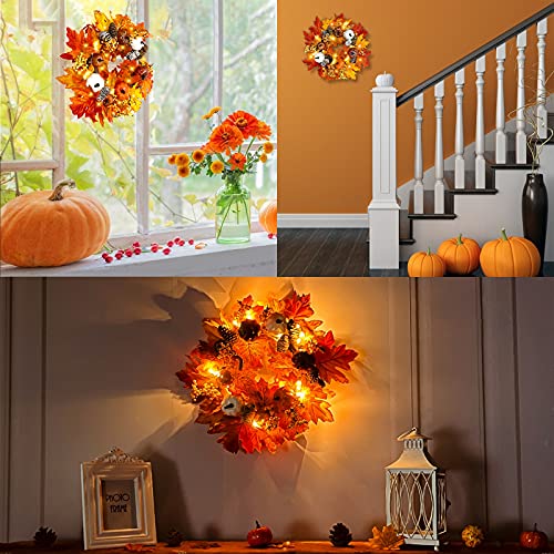 18 Inch Fall Wreath With 20 Led Timer Battery Operated Pumpkins Pinecones Berries Artificial Maple Leaves Wreath For Front Door Fall Thanksgiving Decorations Indoor Outdoor Halloween (Fall Orange) #TOP4