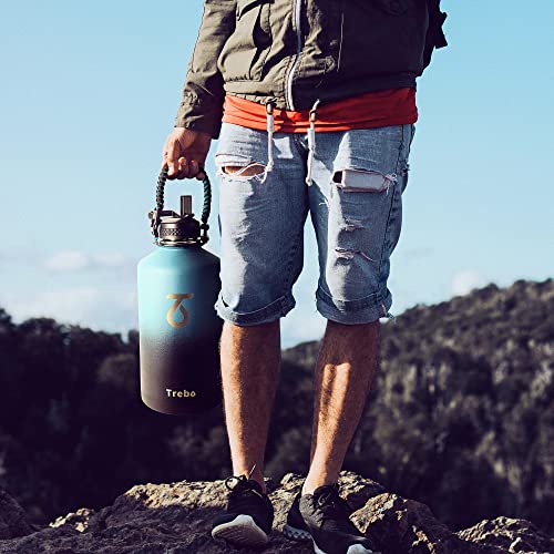 Trebo One Gallon Water Bottle Insulated With Paracord Handle,128Oz Stainless Steel Sports Large Jug,Food-Grade Double Wall Vacuum With Straw Spout Handle Lids, Leakproof Keep Cold & Hot, Indigo Black #TOP6