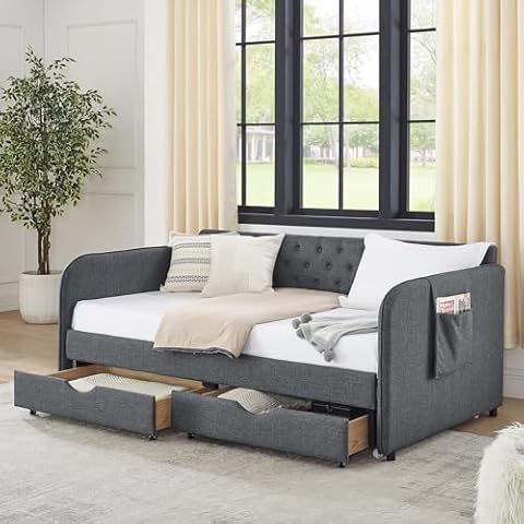 Upholstered Twin to King Daybed, Twin Day Bed with Trundle, Extendable Bed Frame with Pull Out Storage Drawers and Pockets, King Size Sleeper Sofa Bed for Living Room, Bedroom, Guest Room, Dark Grey Cover