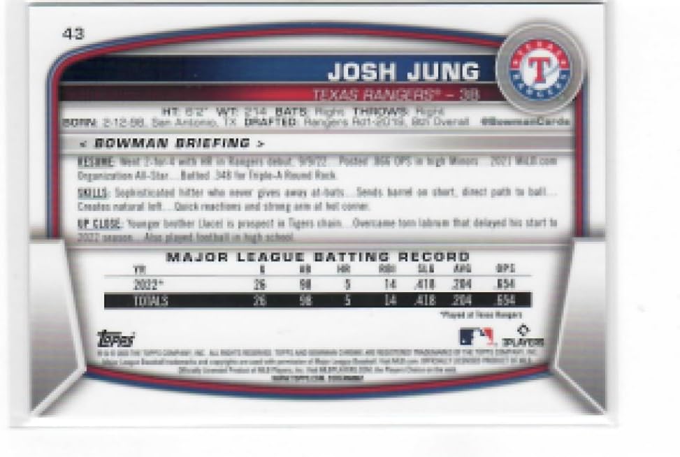 2023 Bowman Chrome Mega Box Mojo Refractor Pink #43 Josh Jung RC - Rookie Card /199 Texas Rangers Baseball NM-MT
