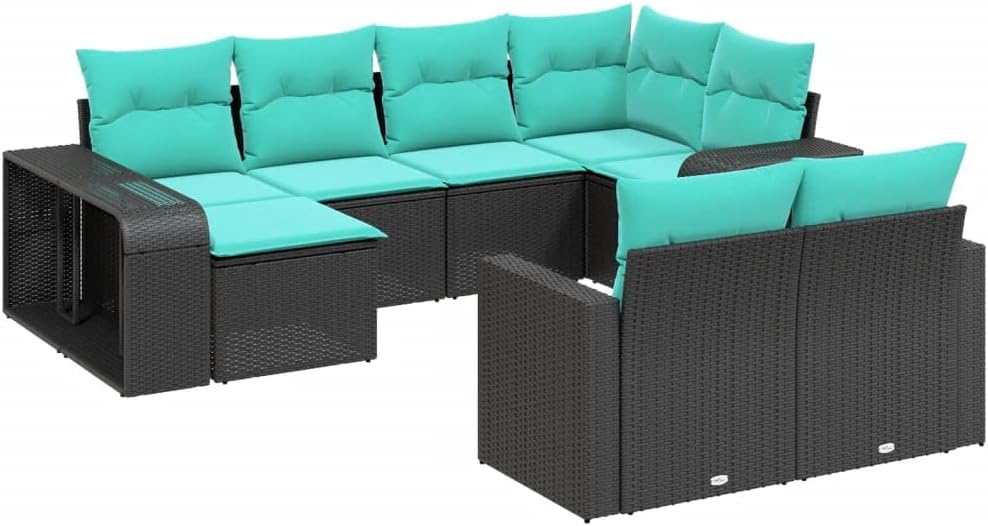 vidaXL - 10 Piece Patio Sofa Set with Cushions | Black Poly Rattan | Modular Outdoor Furniture | Terrace, Deck | Blue Cushions