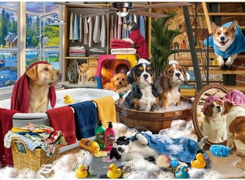 HUADADA Puzzle 1000 Teile-Hundebad-Tag | Mattes Öldruck,augenschonend, staubfrei,Sehr guter Halt der Puzzleteile