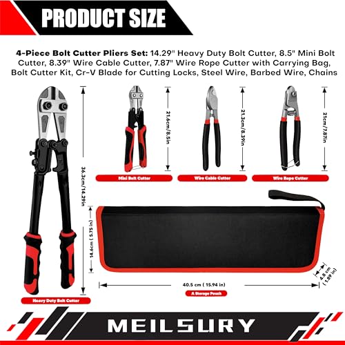 MeilsurY 4-Piece Bolt Cutter Pliers Set, 14\" Heavy Duty Bolt Cutter, 8\" Mini Bolt Cutter, 8\" Wire Cable Cutter, 8\" Wire Rope Cutter for Cutting Chains, Steel Wire, Locks - Storage bag Included - Thumbnail 2