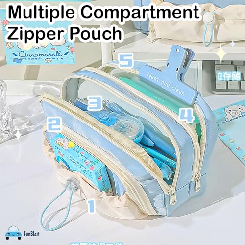 Image of FunBlast Pencil Pouch for Girls - Multiple Compartment Zipper Pouch with Drawstring Pocket, Aesthetic Pouch for Girl, Kawaii Pencil Case, Cute Pouches for Girls, Return Gift for Kids (Sky Blue)