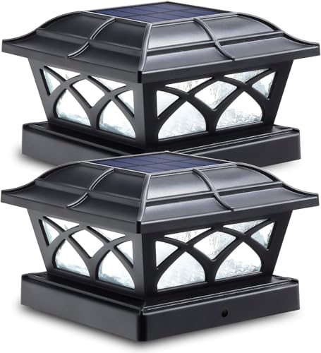 Image of Siedinlar Solar Post Cap Lights Outdoor, 2 Modes Solar Powered Waterproof Fence Deck Light for 4x4 5x5 6x6 Posts Garden Patio Decoration Warm White & Cool White, Black (2 Pack)