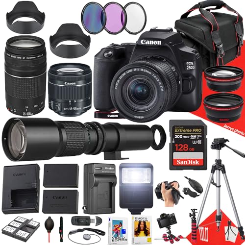 Canon EOS 250D / Rebel SL3 DSLR Camera with EF-S 18-55mm f/4-5.6 is STM, EF 75-300mm f/4-5.6 III and 500mm f/8.0 Preset Telephoto Lens + 128 GB Memory + Filters + More (37pc Bundle) (Renewed)