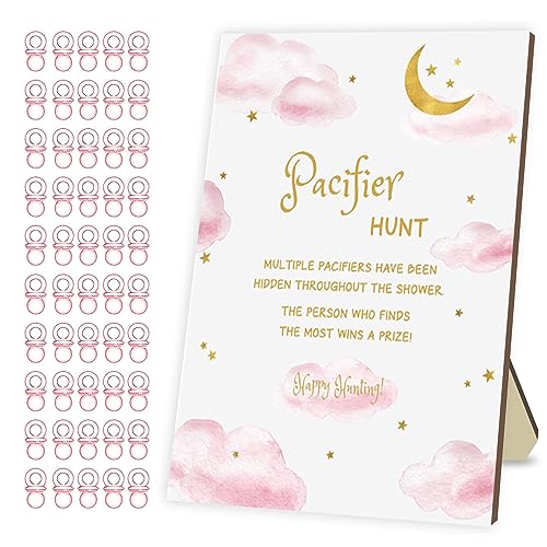 Image of Baby Shower Games Pacifier Hunt Game Games for Baby Shower or Gender Reveal Baby Pacifier Hunt Sign Wooden 50 Pink Acrylic Pacifiers for Party Games Star Moon Design