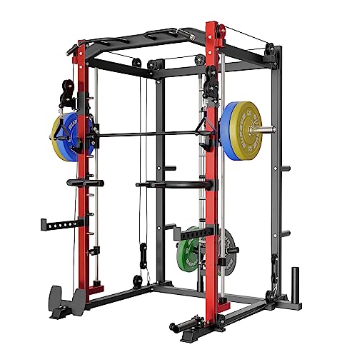 Major Lutie Smith Machine With 230Lbs Olympic Plates, Sml01 1600Lbs Power Cage With Crossover Machine,Landmine More Training Attachment(Red) #TOP21