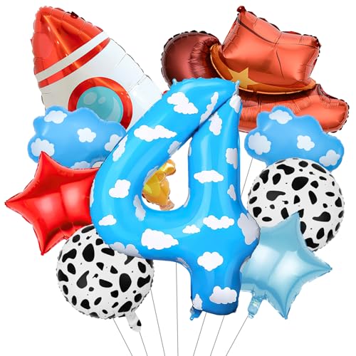 Toy Themed Decorations, 9pcs Cow Print Sky Blue Cloud Balloons with Rocket Balloon and Cowboy Hat Balloon for Kids Inspired Story 4th Birthday Party Decorations (4th)