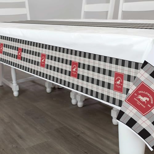 Prime Party Yellowstone (Table Cover), Printed Plastic Measures 108" x 54" with Buffalo Check Printed Down Along Edges and as a Runner Down The Middle– with Dutton Ranch Logo
