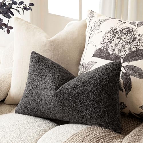 Image of Foindtower Pack of 2, Curly Faux Fur Decorative Throw Pillow Covers Soft Neutral Plush Cushion Case with Zipper Cozy Pillowcase for Home Living Room Couch Bed Sofa 12 x 20 Inch,Dark Gray