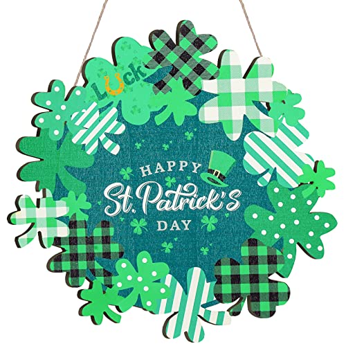 Happy St Patrick's Day Decorations Wreath Shamrock Door Sign Green Wooden Hanging Wreath Ornament Decor Lucky Holiday Hanger Saint Irish Farmhouse Sign for Porch Home Wall Window with Rope