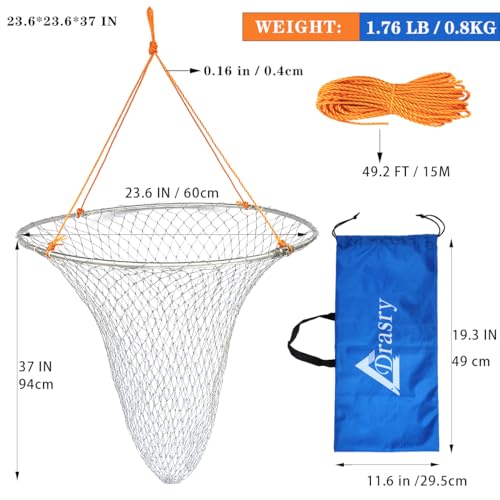 Drasry Foldable Bridge and Pier Fishing Net Landing Net High Load-Bearing Aluminum Ring Drop Net for Saltwater Freshwater Pier Fishing Baskets Net Collapsible with 49.2 FT Rope （23.6 * 23.6 * 37 in） by Drasry - Image 6