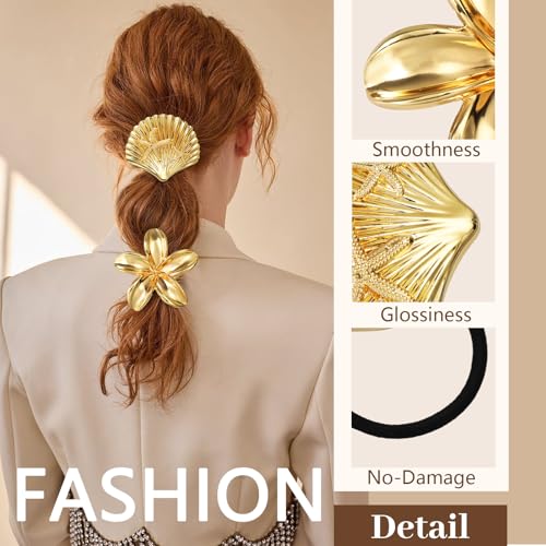 3PCS Gold Hair Ties, Metal Hair Ties for Thick Hair, Elegant Durable Geometric Design, Gold Hair Accessories Stretchy and Non-Damage Ponytail Holders, Ocean Pattern 3 Style Starfish Shell Flower