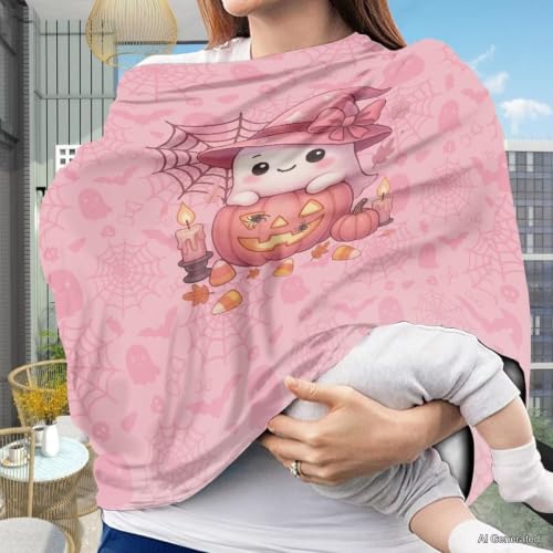 Image of Wanyint Baby Car Seat Cover Cute Carseat Canopy for Babies Boys Girls Multi-Use Nursing Breastfeeding Covers Nursing Scarf Halloween Decoration, Cute Ghost Witch Pumpkin Pink