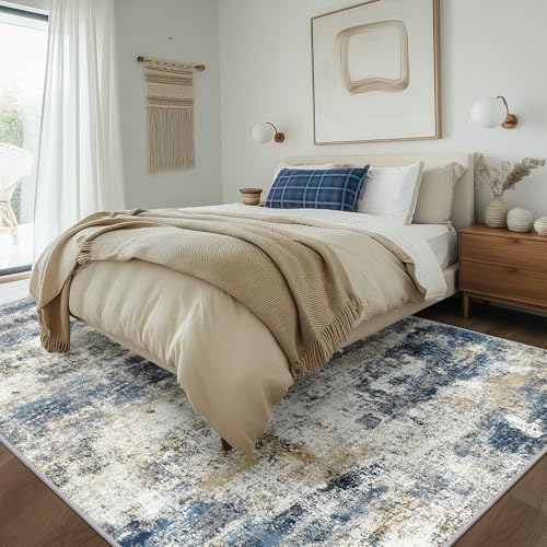 Area Rugs 6x9 for Living Room Bedroom, Modern Abstract Machine Washable Rug, Large Soft Low Pile Floor Carpet with Non Slip Backing for Dining Room, Navy Blue Beige