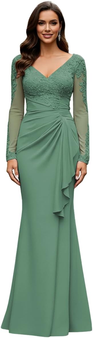 V Neck Mother of The Bride Dresses Long Sleeve Laces Applique Evening Gowns Long Grandmother of The Groom Dress