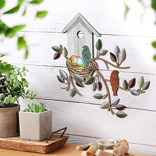 Peryiter Birds Wall Metal Decor for Outdoor Art Hanging Metal Tree with Birdhouse for Living Room Tree Leaf Wall Decor for Indoor Outdoor Garden(White)