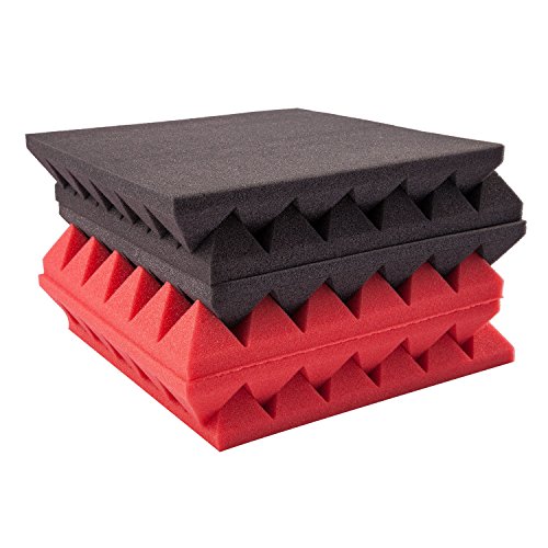 Foamily 6 Pack - Red/Charcoal Acoustic Foam Sound Absorption Pyramid Studio Treatment Wall Panels, 2" X 12" X 12"