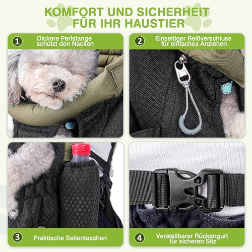 ALLSOPETS Hunderucksack für Kleine Hunde – Leichter, Atmungsaktiver und Bequemer Hunde Rucksack mit Sicherheitsleine, Freihändig für Reisen Wandern Outdoor (Olivgrün, M)