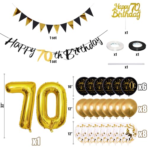 Image of Jobkoo 70th Birthday Decorations Men, Black Gold 70th Birthday Party Decoration Women Golden Black 70th Balloons 70th Cake Topper 70th Banner for 70 Year Old Party Supplies