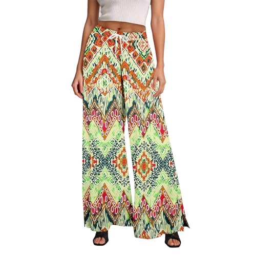 Womens Boho Pants Summer Palazzo Pant Wide Leg Elastic Waist Vintage Floral Trousers 2025 Ethnic Style Casual Outfits