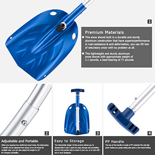 SHANTRA Aluminum Snow Shovel, 30 Inches Dismountable Garden/Sport/Snow Utility Shovel with Adjustable Length Handle Suitable for Car or Truck Storage (8\" Blade) - Thumbnail 5