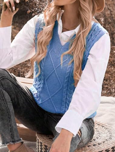 Image of Women's Sweater Vest,Long Cable Loose Knitted Sleeveless V Neck Casual Sweaters Tank Top S~XL