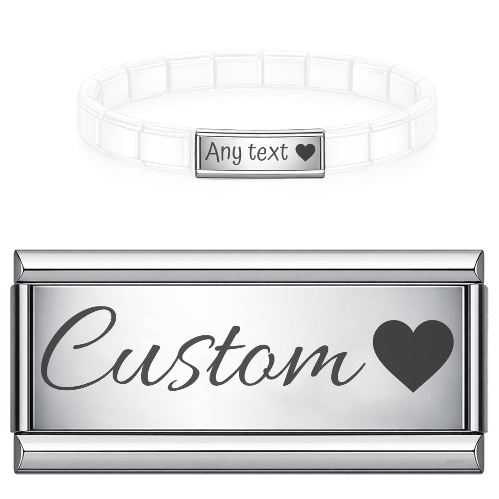 Personalised Engraved Long Double Link Charm for 9mm Italian Modular Stretch Bracelet Custom Text Name Date Paw Heart Silver and Gold (Custom Text Heart)