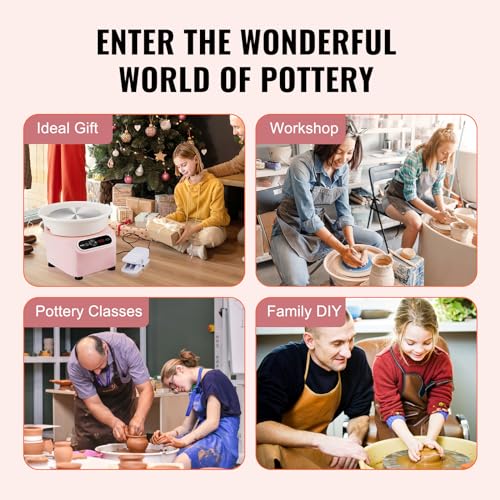 Image of VEVOR 25CM Pottery Wheel for Adults Beginners, Direct Drive Ceramic Pottery Wheel with LCD Touch Screen Foot Pedal 50-300RPM Adjustable Speed, 350W Electric Wheel for Pottery Art Craft DIY, Pink