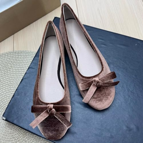 Image of TN TANGNEST Women's Velvet Flats Round Toe Ballet Shoes | Elegant Bowknot Flats Comfortable Casual Slip On Flats for Work