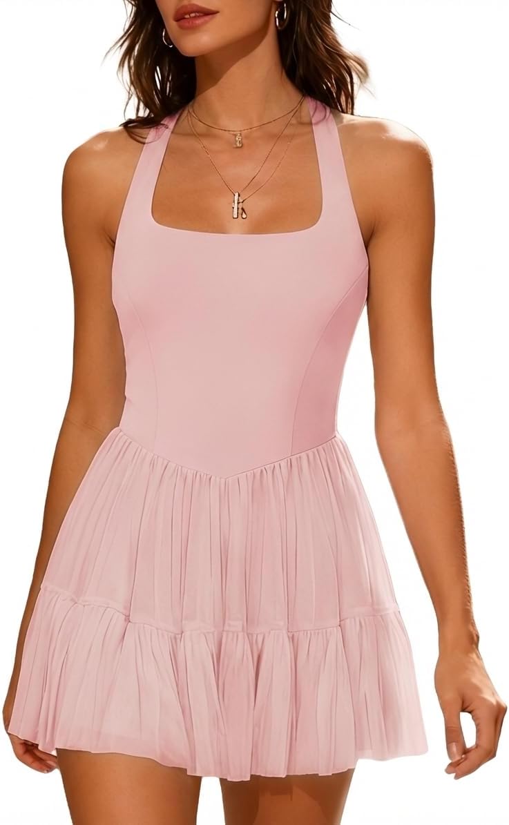 Jinsha Womens Tennis Dress Cute 2-in-1 Athletic Dresses Halter Neck Golf Workout Dress with Built-in Bra & Shorts Pockets