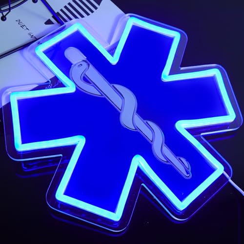 Image of Star of Life LED Neon Sign, 12 x 12 Inches, Pink, USB Powered Wall Decor for EMT Paramedic, Garage, Game Room, Bedroom, Man Cave