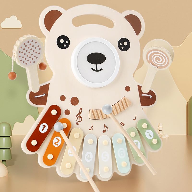 BLiSS HUES Wooden Bear Multifunctional Musical Percussion Table – Drums, Xylophone, Cymbal & Bells – Multi-Instrument - 3+ Years-image-14