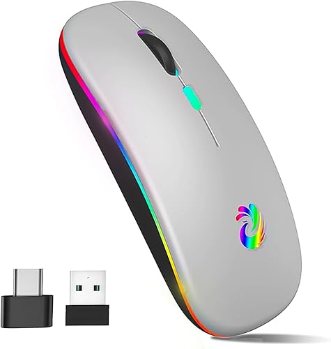 Ratón inalámbrico LED, mouse silencioso delgado recargable 2.4G ratón óptico portátil de oficina con receptor USB y adaptador tipo C, 3 DPI