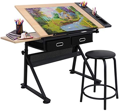 NOVA MICRODERMABRASION Adjustable Height Drafting Desk Drawing Table Tiltable Tabletop for Reading, Writing Art Craft w/Stool and Drawers