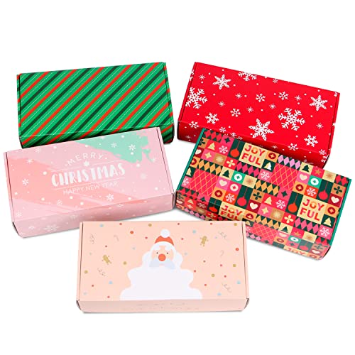 Image of 25 Pack 8x4x2 inch Small Christmas Gift Box with Lid, Recyclable Corrugated Cardboard Shipping Boxes for Small Business,Gift Packaging,Specially Designed Box. (8 inchx4 inchx2 inch,Xmas Mix Pattern)