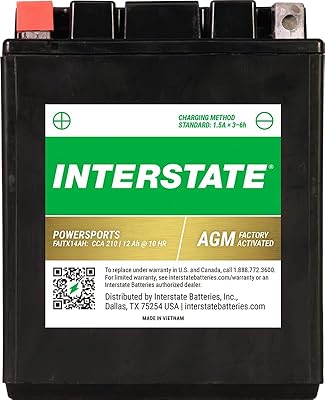 Interstate Batteries YTX14AH 12V 12Ah Powersports Battery 210CCA Factory Activated SLA AGM Rechargeable Replacement for Kawasaki, Yamaha, ATVs, UTVs, Snowmobiles, Motorcycles (FAITX14AH)