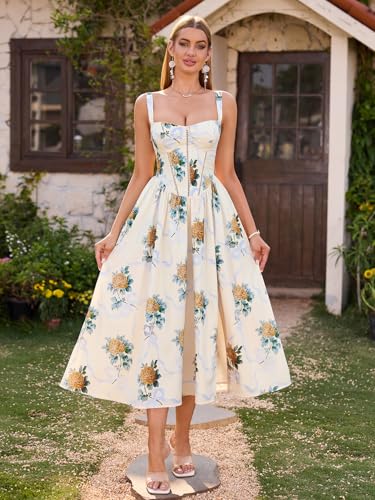 Image of KUTUMAI Floral Corset Midi Dress Flowy Slit Summer Spring Wedding Guest Dresses for Women Sundress with Pockets