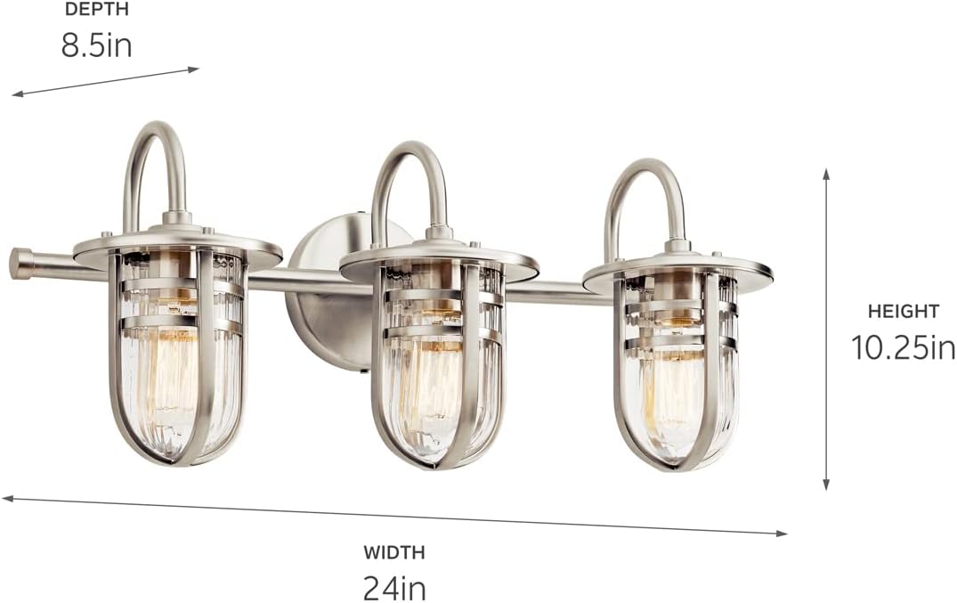 Kichler Caparros 24" 3 Light Vanity Light with Clear Ribbed Glass in Brushed Nickel