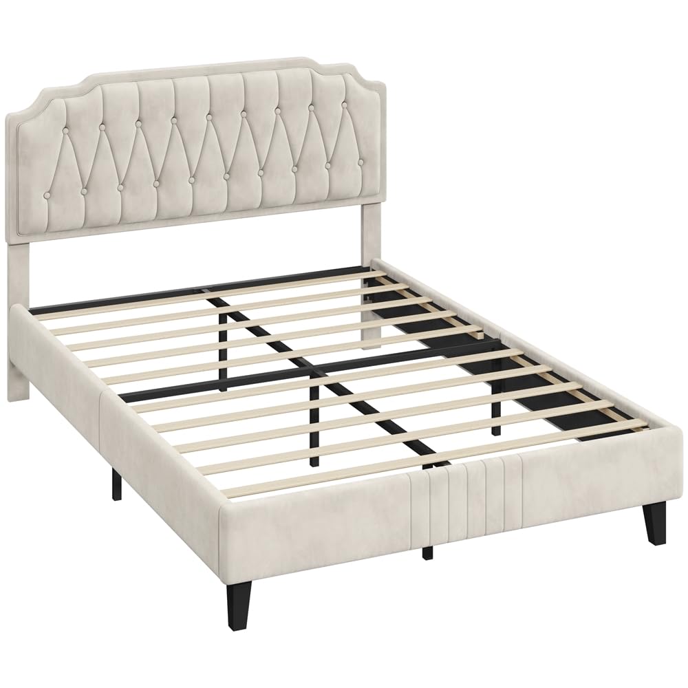 Yaheetech Letto Matrimoniale Imbottito 160 x 200 cm con Testiera Regolabile in Altezza Telaio con Rete a doghe in Legno e Metallo Beige