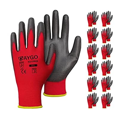 KAYGO 12 Pairs Gray PU Coated Seamless Knit and 12 Pairs Red PU Coated Seamless Knit Safety Work Gloves KG11P for Men and Women, Ideal for Light Duty Work