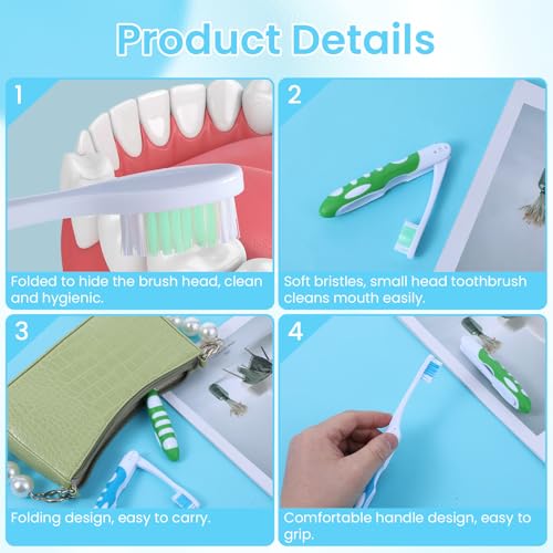 Aeaocvo 2 Stück Reisezahnbürste Klappbar, Klappbare Zahnbürste für Reisen, Tragbare Reise Handzahnbürsten für Erwachsene, Camping, Schule, Geschäftsreise (Blau, Grün)