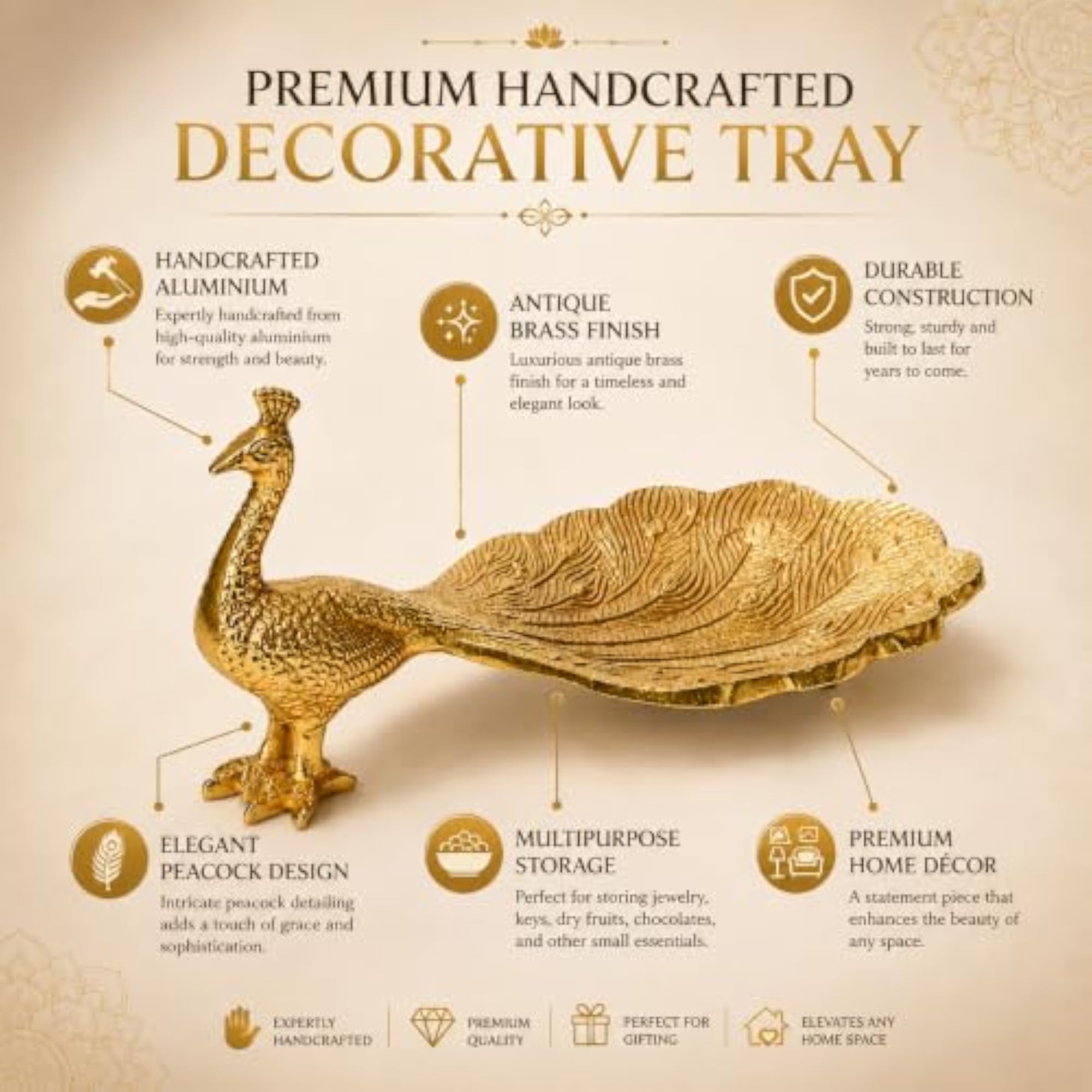 Handcrafted Aluminium Peacock Decorative Tray with Brass Finish