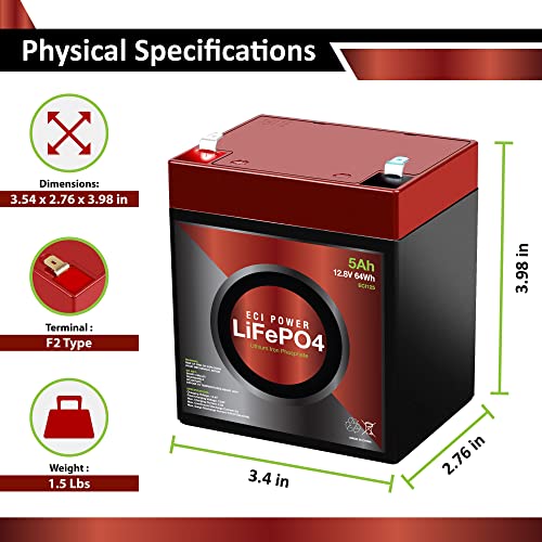 ECI Power 12V 5Ah Lithium LiFePO4 Deep Cycle Rechargeable Battery | 2000-5000 Life Cycles & 10-Year Lifetime | Built-in BMS