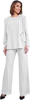3 Pieces Classy Mother of The Bride Pant Suits with Jacket Long Sleeve Chiffon Pants Suits for Women Dressy