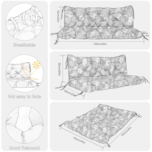 Image of Porch Swing Cushions Outdoor 40 inch x 40 Waterproof Swing Cushions 3 Seater Replacement with Backrest & 8 Ties 5 inch Thick Bench Swing Cushions for Outdoor Furniture Patio(Tropical Flowers)