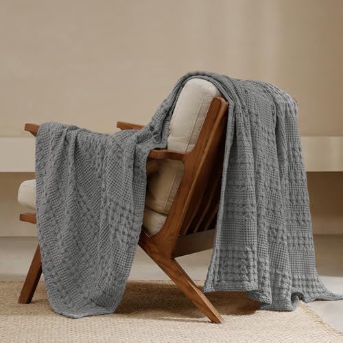Image of PHF 100% Cotton Waffle Throw Blanket for Couch, Lightweight Breathable and Soft for Summer, Luxury Aesthetic Waffle Weave Blanket for Home Decor & Office, Gifts for Women, 50 inchx60 inch, Dark Grey