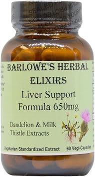تركيبة دعم الكبد من Barlowes Herbal Elixirs | مستخلص جذر الهندباء وشوك الحليب | 650 مجم لكل كبسولة | 60 كبسولة نباتية | خالية من الستيرات، معبأة في زجاجات زجاجية
